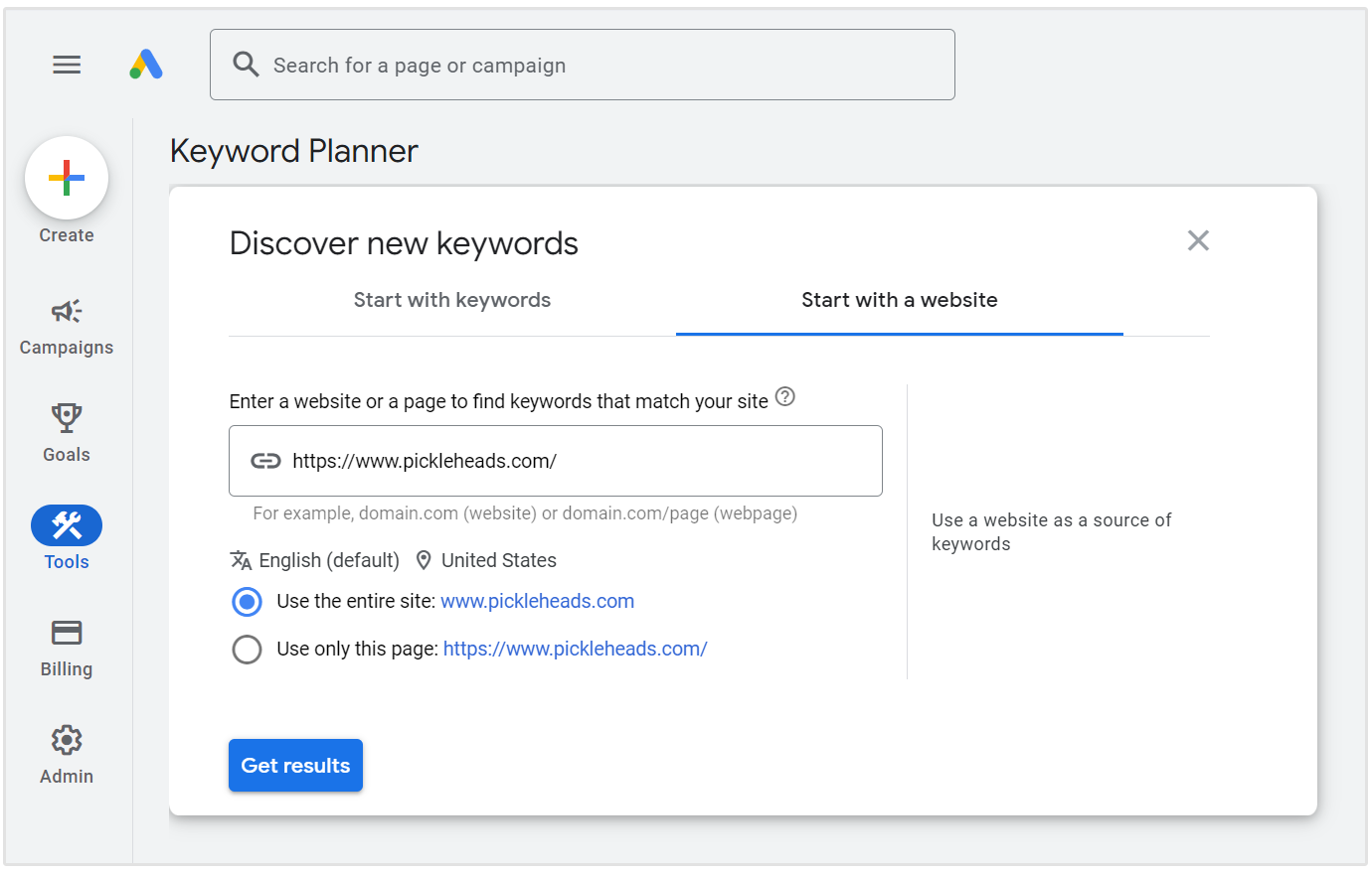Google Anahtar Kelime Planlayıcı'ya web sitesi ekleme